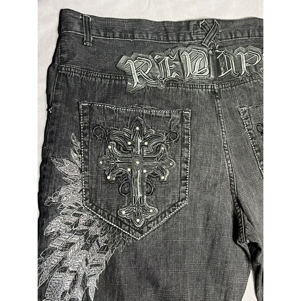 Vintage Y2K Gothic embroidered RED APE baggy jeans wide-leg streetwear 46Wx32L
